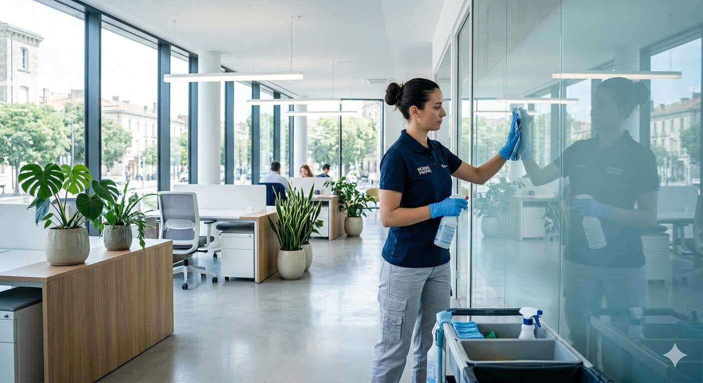 Agente L&A Services nettoyant une cloison vitrée dans un open space